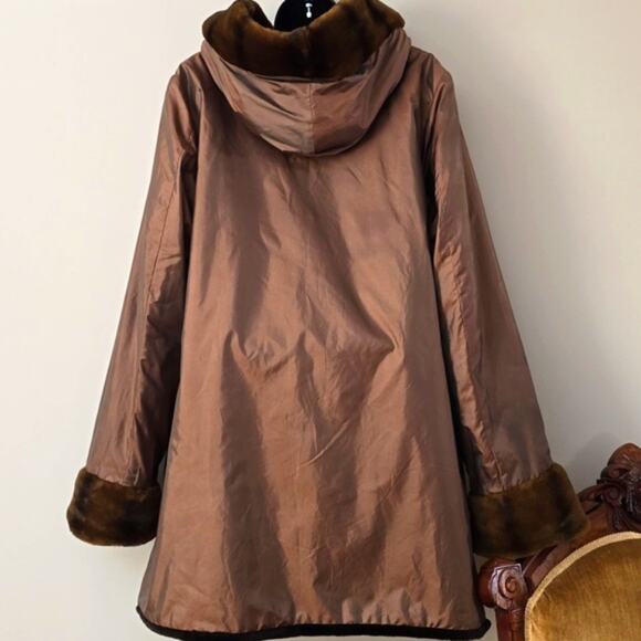 Dennis Basso Chocolate Brown Coat Large Faux Fur Hood Tafetta jacket - Picture 7 of 8